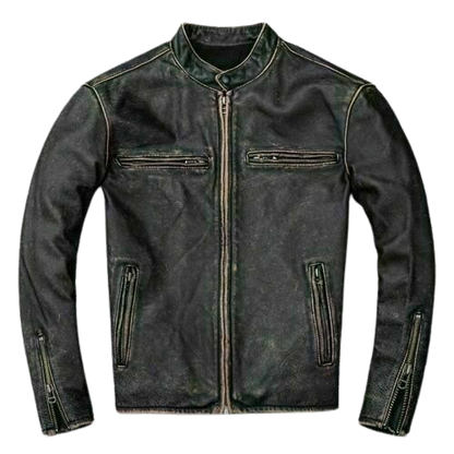 Classic Biker Distressed Cow Leather Jacket, Front