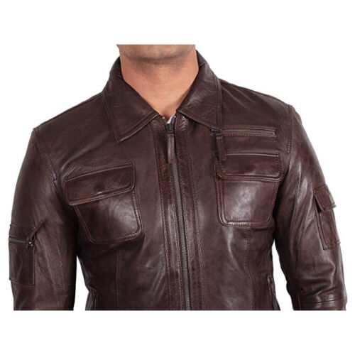 UK Vintage Brown Leather Motorcycle Jacket, Collar