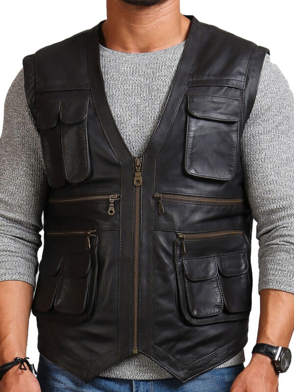 Safari Black Leather Vest Men, Sleeveless Zing Apparel