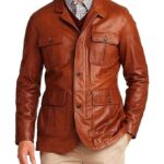 Tan Leather Blazer Men with Button Zing Apparel