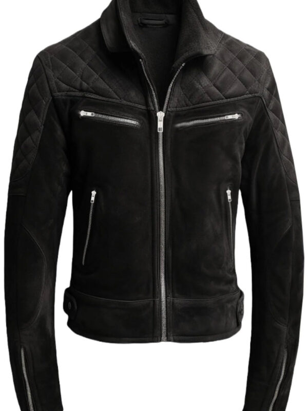 Men Quilted Biker Black Suede Leather Jacket Zing Apparel