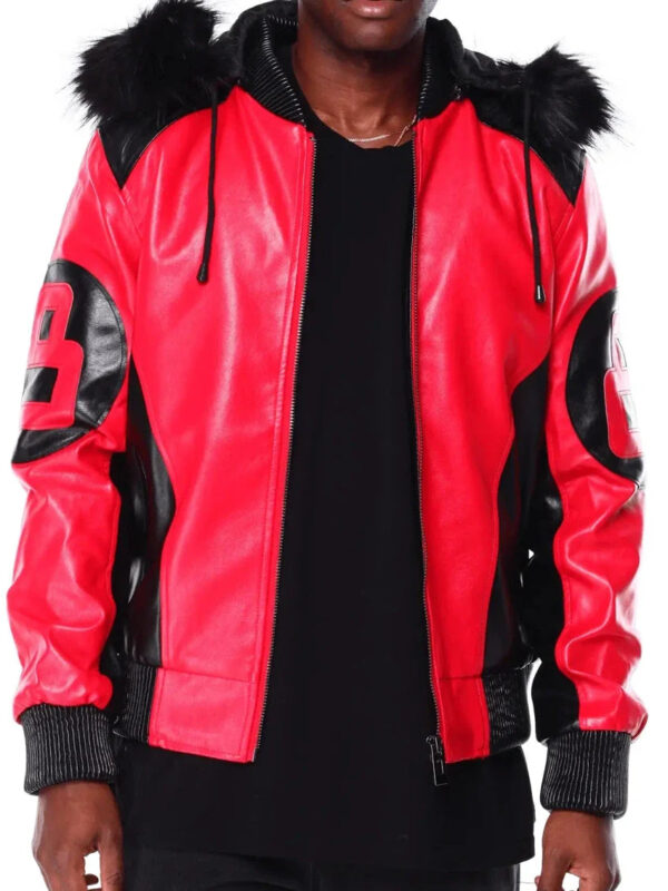 8 Ball Red Leather Hooded Jacket Zing Apparel