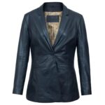 Stylish Fitted Leather Blazer Women Blue Zing Apparel