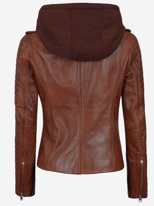 Women Leather Jacket With Hood Cognac Zing Apparel
