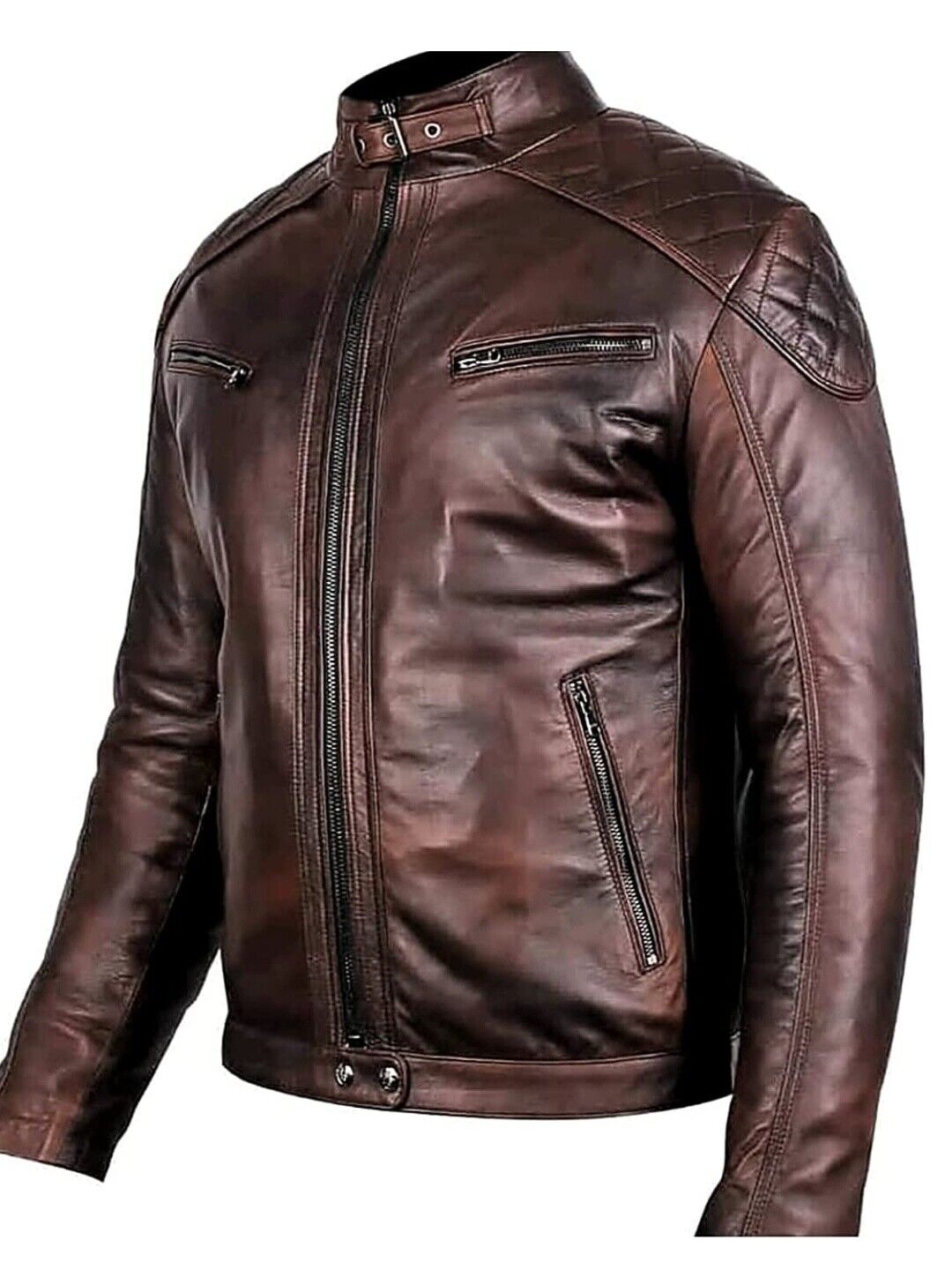 Biker Vintage Quilted Leather Jacket Brown Sale
