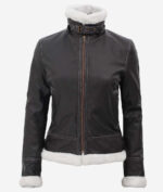 Black Leather Shearling Jacket For Women with Hood