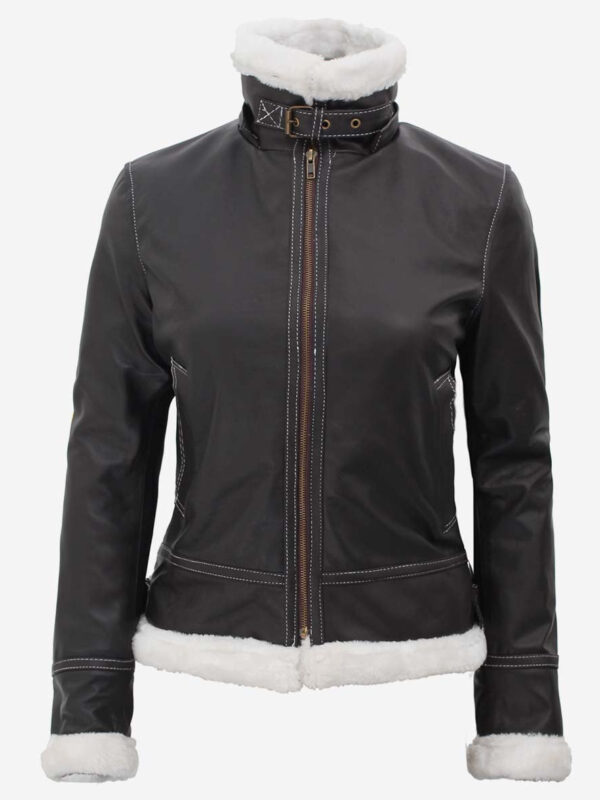 Black Leather Shearling Jacket For Women with Hood