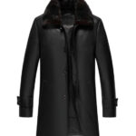 Black Leather Shearling 3/4 Length Coat with Fur Collar Zing Apparel