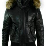Black Shearling Leather Jacket with Fur Hood