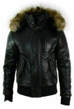 Black Shearling Leather Jacket with Fur Hood