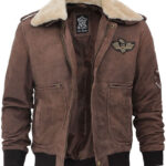 Brown Leather Shearling Collar Bomber Jacket Zing Apparel