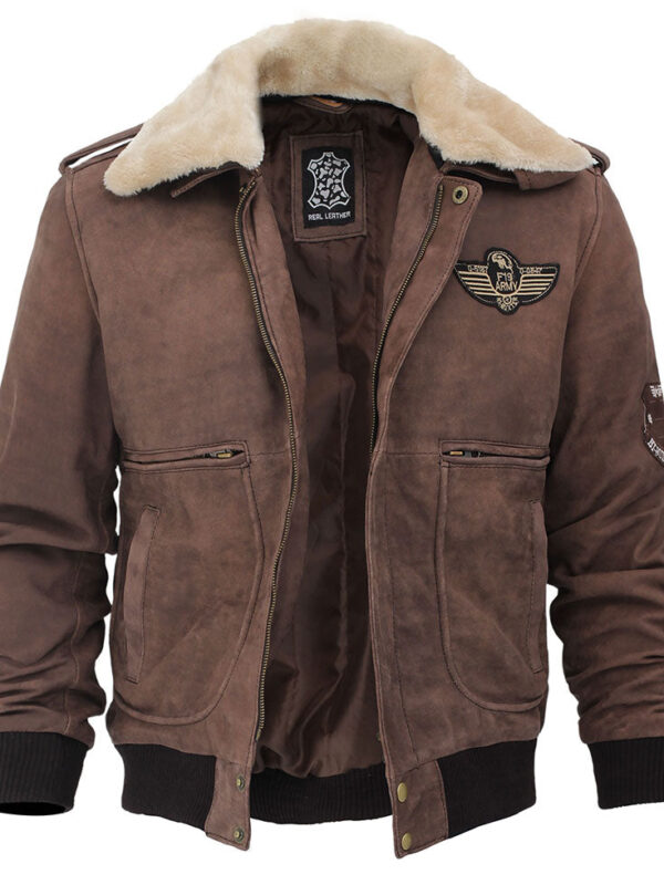 Brown Leather Shearling Collar Bomber Jacket Zing Apparel