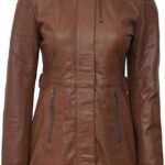 Brown Leather Coat with Shearling Hood Buy