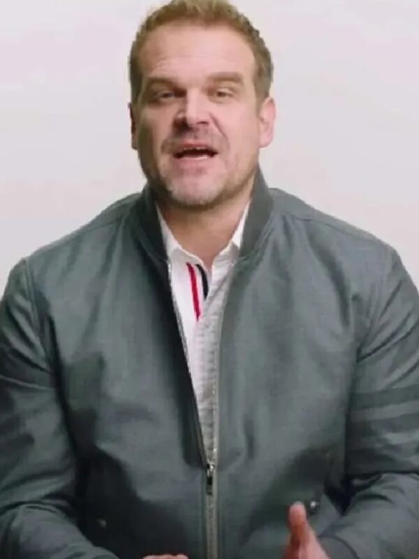 David Harbour Stranger Things Season 4 Grey Bomber Jacket