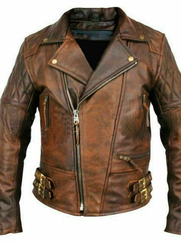 Distressed Leather Quilted Biker Jacket