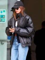 Hailey Bieber Black Bomber Leather Jacket For Sale