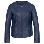 Women Biker Jacket Collarless, Midnight Blue Zing Apparel