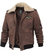 Brown Leather Shearling Collar Bomber Jacket Zing Apparel