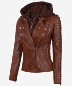 Women Leather Jacket With Hood Cognac Zing Apparel