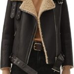 Matte Black Shearling Leather Jacket Women