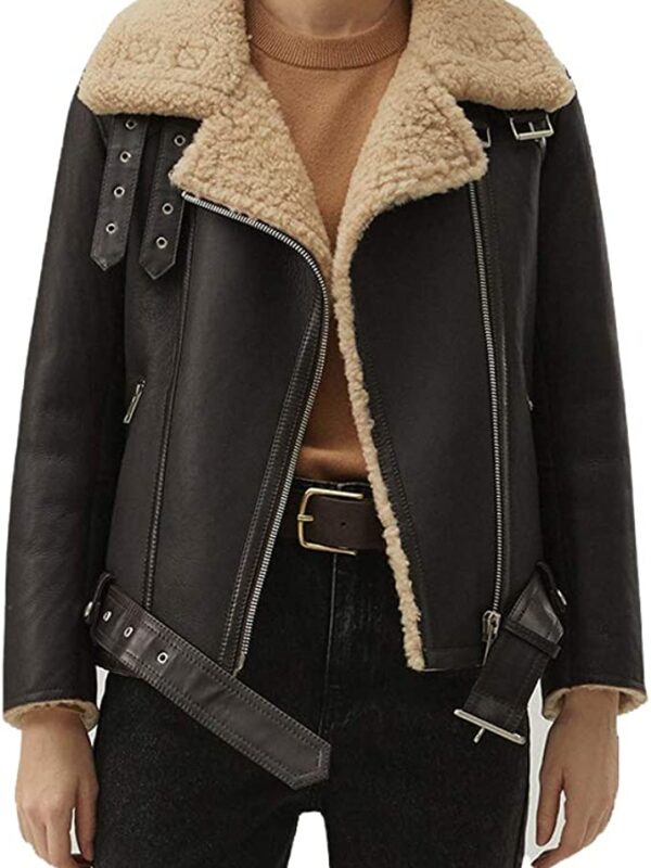 Matte Black Shearling Leather Jacket Women