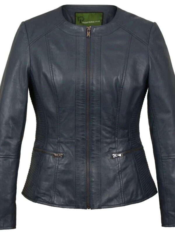 Collarless Leather Blazer Women Navy Zing Apparel