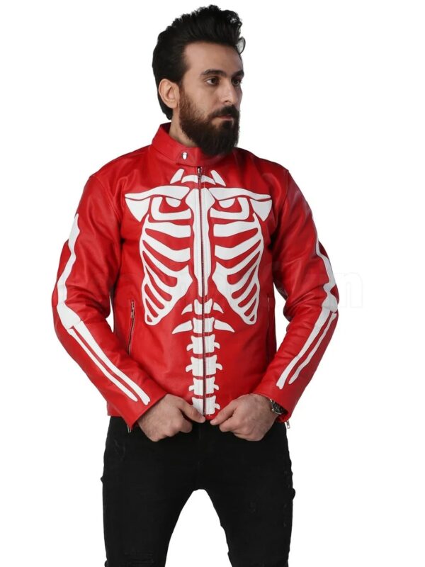 Men Red Skeleton Biker Motorcycle Genuine Leather Jacket
