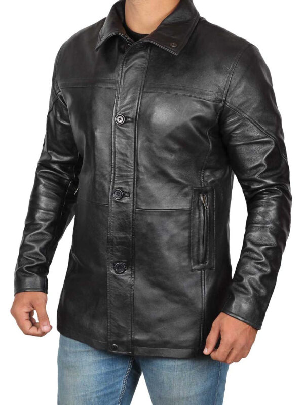 Mens Black Leather Car Coat