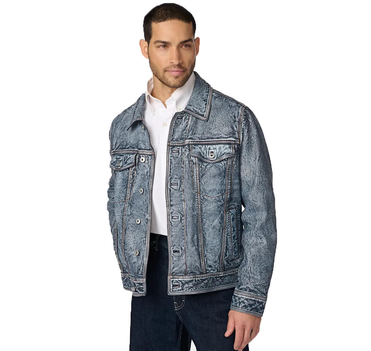 Mens_Denim_Jacket_With_Leather_Sleeves Mens Denim Jacket With Leather Sleeves - Image 1