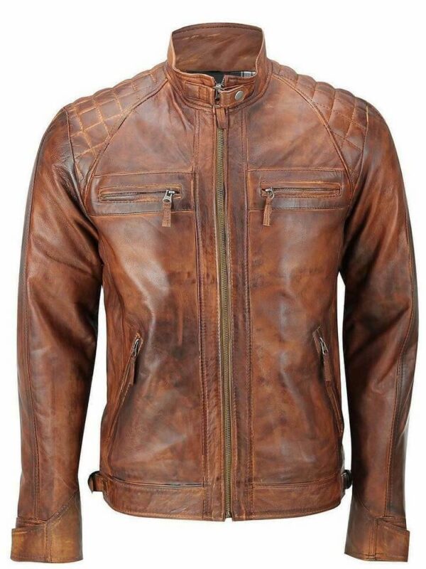 Quilted Vintage Brown Distressed Leather Jacket