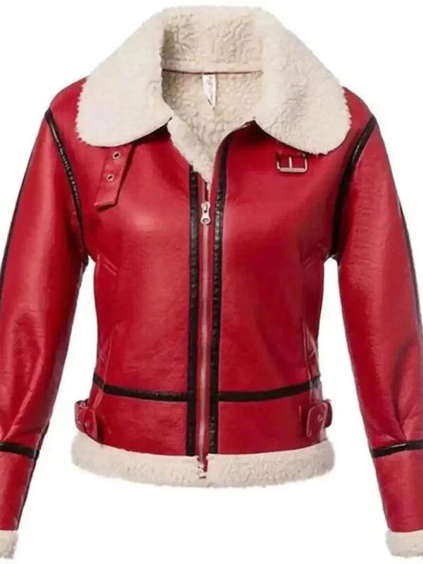 Red Christmas Shearling Leather Jacket For Women
