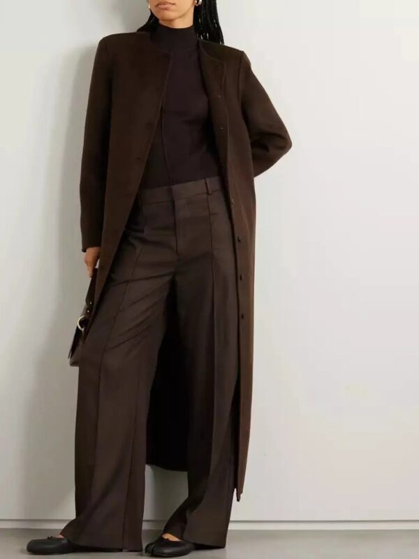 Rosario Womens Collarless Chocolate Brown Wool Trench Coat