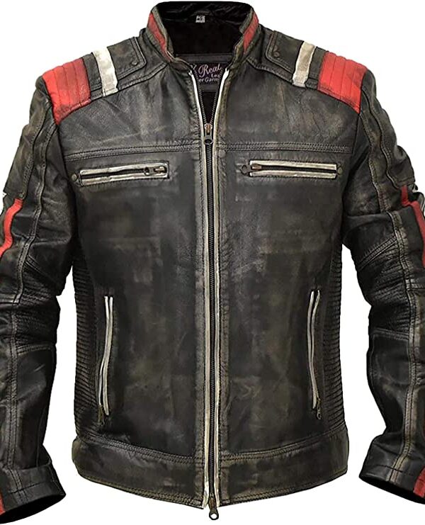 Skull Print Leather Biker Jacket Men