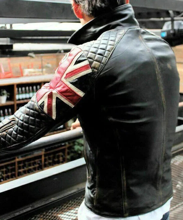 Vintage Motorcycle Biker UK Flag Leather Jacket Zing Apparel
