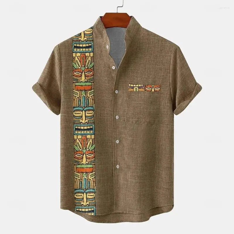 Vintage_Men_s_Wool_Shirt_Ethnic_Pattern_Print_Short_Sleeve Wool Shirt For Men - Brown Shirt