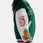 Leather Varsity Jacket For Women in Green & White Zing Apparel
