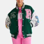 Leather Varsity Jacket For Women in Green & White Zing Apparel