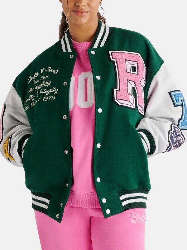 Leather Varsity Jacket For Women in Green & White Zing Apparel