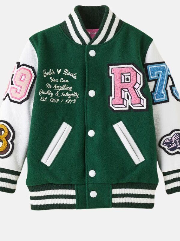 Leather Varsity Jacket For Women in Green & White Zing Apparel