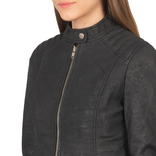 Kelsee Distressed Leather Biker Jacket Women, Black Zing Apparel