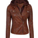 Women Leather Jacket With Hood Cognac Zing Apparel