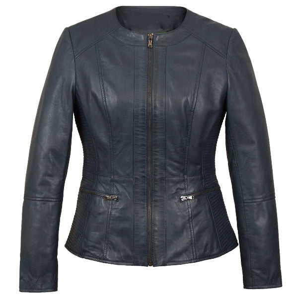 Collarless Leather Blazer Women Navy Zing Apparel