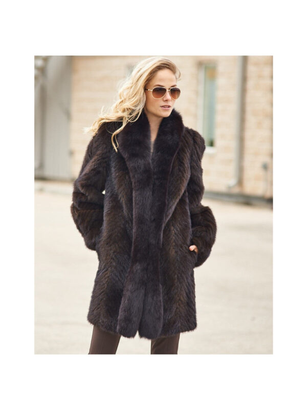Olivia Textured Mink Stroller Coat with Fox Tuxedo Collar Zing Apparel