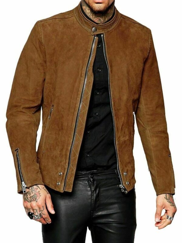 Slim Fit Suede Leather Jacket, Brown Zing Apparel