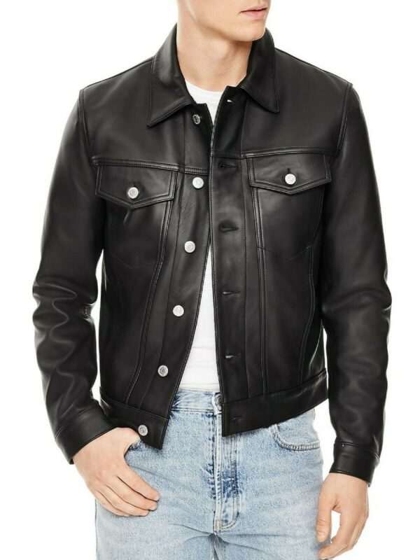 Sheepskin Slim Fit Trucker Jacket, Black Zing Apparel