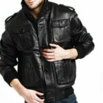 Menâ€™s 4 Pockets Black Leather Bomber Jacket Zing Apparel