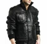 Menâ€™s 4 Pockets Black Leather Bomber Jacket Zing Apparel