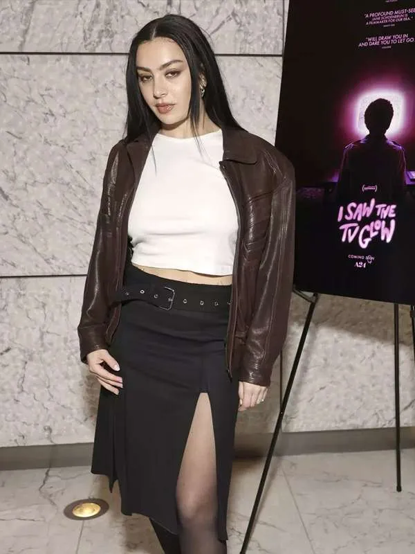 Charli-XCX-L-A-Movie-Premier-2024-Brown-Leather-Jacket Charli XCX I Saw the TV Glow 2024 Premiere Leather Jacket