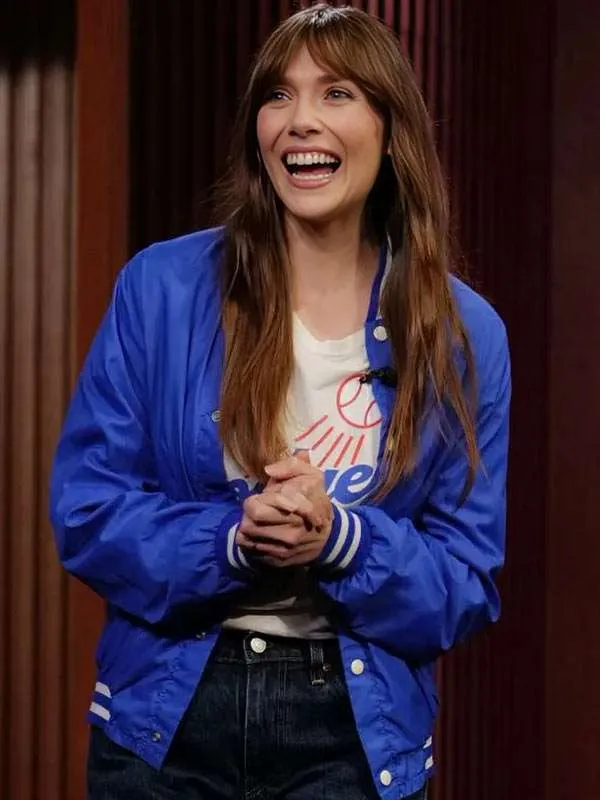 Elizabeth-Olsen-Jimmy-Kimmel-Live-Blue-Varsity-Jacket Elizabeth Olsen Jimmy Kimmel Live Blue Varsity Jacket