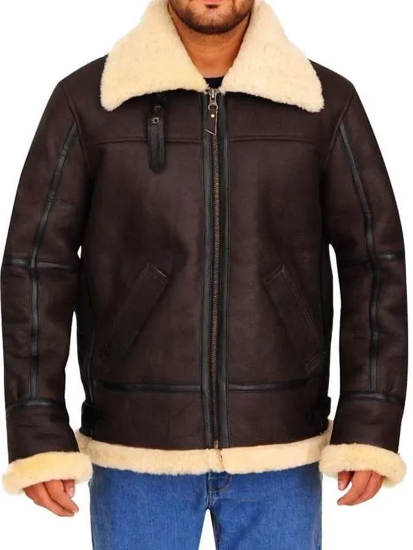 Men-B3-Pilot-Bomber-Brown-Shaerling-Leather-Jacket Men B3 Shearling Brown Leather Jacket